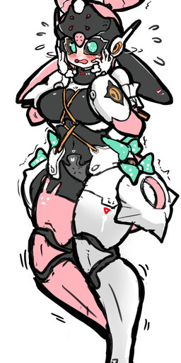 black_body black_sclera blush bodily_fluids bow_ribbon breasts clothing embarrassed female green_eyes hair hand_on_face legwear machine medium_breasts not_furry pink_body pink_hair pseudo_hair solo sweat sweatdrop thigh_highs white_body mrglasses2255 mihoyo zenless_zone_zero yutane_johiel humanoid robot robot_humanoid 2026 absurd_res digital_drawing_(artwork) digital_media_(artwork) hi_res