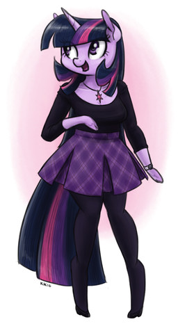 anthro anthrofied black_clothing black_footwear black_hair black_shirt black_shoes black_topwear bottomwear breasts cleavage clock clothed clothing female footwear fur glistening glistening_eyes hair high_heels highlights_(coloring) hoof_hands hooves horn jewelry leggings legwear necklace open_mouth open_smile pattern_bottomwear pattern_clothing pattern_skirt pink_highlights plaid plaid_bottomwear plaid_clothing plaid_skirt purple_body purple_bottomwear purple_clothing purple_eyes purple_fur purple_highlights purple_skirt shirt shoes simple_background skirt smile solo topwear unguligrade watch white_background wristwatch king-kakapo friendship_is_magic hasbro my_little_pony mythology twilight_sparkle_(mlp) equid equine mammal mythological_creature mythological_equine unicorn 2016 hi_res