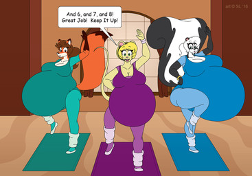 anthro athletic_wear belly big_belly big_breasts blonde_hair breasts brown_hair butt clothed clothing copyright_symbol dialogue dialogue_box duo electronics exercise exercise_clothing exercise_mat female hair headgear headphones headset huge_belly huge_breasts hyper hyper_belly hyper_pregnancy leotard open_mouth pregnant speech_bubble symbol text thick_thighs white_hair workout satsumalord ashley_(satsumalord) stacy_(satsumalord) tanya_(satsumalord) canid canine fox mammal mephitid skunk 2016 comic_sans digital_media_(artwork) english_text hi_res