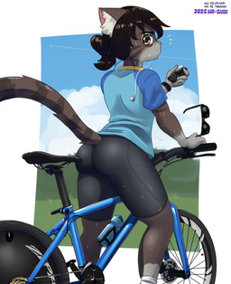 anthro big_butt biking black_bottomwear black_clothing black_hair black_shorts blue_clothing blue_shirt blue_topwear blush bodily_fluids bottle bottomwear brown_body brown_fur butt clothing container earbuds electronics eye_bags eyewear femboy fur gloves_(marking) grey_body grey_fur hair headphones inner_ear_fluff looking_at_viewer looking_back male markings on_bicycle on_bike pink_inner_ear pink_nose rear_view shirt shorts solo sunglasses sweat tight_clothing topwear tuft water_bottle white_body white_fur white_inner_ear_fluff mr-shin cat_sona_(mr-shin) domestic_cat felid feline felis mammal 2025 hi_res