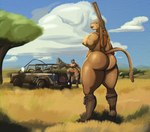 anthro boots breasts butt clothing cloud day duo female fingers footwear footwear_only fur genitals grass gun mostly_nude nipples outside pink_nipples pink_nose plant pussy ranged_weapon rifle shoes standing tail tan_body tan_fur tree vehicle weapon xcronic jeep felid lion mammal pantherine hi_res shaded