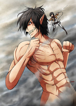 athletic athletic_female black_hair boots bottomwear clothed clothed_female clothing cropped_jacket duo featureless_crotch female fighting_pose footwear green_eyes grey_eyes hair holding_melee_weapon holding_object holding_sword holding_weapon humanoid_pointy_ears macro male melee_weapon muscular muscular_humanoid muscular_male nude_male omni-directional_mobility_gear pale_skin pants pointy_ears pose red_scarf scarf shirt shoes straps sword topwear weapon white_bottomwear white_clothing white_pants white_shirt white_topwear kuroshinki attack_on_titan eren_jaeger mikasa_ackerman human humanoid mammal monster titan_(attack_on_titan) 2013