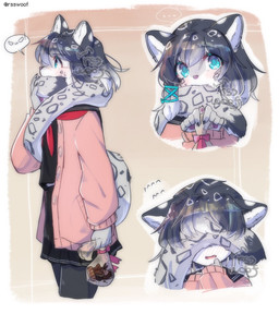anthro blue_eyes bottomwear clothing covering covering_eyes covering_face female female_anthro jacket nom pseudo_clothing pseudo_scarf shirt simple_background skirt solo tail tail_in_mouth tail_nom tail_scarf topwear ressue felid mammal pantherine snow_leopard digital_media_(artwork) hi_res