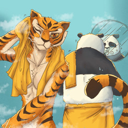 after_shower anthro breasts brush brushing brushing_teeth convenient_censorship drying drying_fur duo eyes_closed female fingers fur holding_brush holding_object holding_toothbrush holding_towel looking_at_viewer male mirror mirror_reflection one_eye_closed orange_body reflection standing stripes tail toothbrush towel towel_around_waist towel_only wet wet_body zzommie dreamworks kung_fu_panda master_po_ping master_tigress bear felid giant_panda mammal pantherine tiger 1:1 digital_media_(artwork) hi_res
