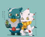 anthro blue_body candy chocolate claws dessert duo food jet_pack male scarf text white_body yellow_eyes kubota_keita bandai_namco digimon digimon_ghost_game digimon_(species) espimon gammamon goo_creature japanese_text translation_request