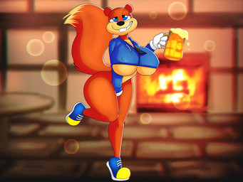 alcohol anthro beer beer_mug beverage big_breasts blurred_background bottomless bottomless_anthro bottomless_female breasts brown_body brown_fur buckteeth clothed clothing crossgender drunk female fireplace footwear fur gloves hand_between_legs handwear holding_beer holding_beer_mug hoodie inside mtf_crossgender nipple_outline on_one_leg one_calf_up raised_calf shoes smile sneakers solo standing substance_intoxication tavern teeth thick_thighs topwear under_boob wide_hips zipper dracojeff conker's_bad_fur_day rareware conker mammal rodent sciurid tree_squirrel 2020 4:3