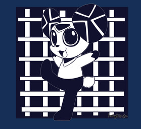 :3 ambiguous_gender anthro big_ears gloves_(marking) markings open_mouth pattern_background raised_arms raised_leg scut_tail short_tail simple_background solo tail feeshyartist daguna 2024 alpha_channel hi_res signature
