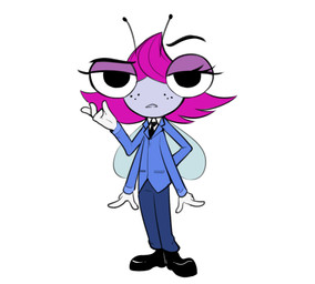 4_arms antennae_(anatomy) anthro big_eyes black_clothing black_footwear black_necktie black_shoes blue_bottomwear blue_clothing blue_pants blue_suit bottomwear clothing female footwear freckled_face freckles gloves hair handwear insect_wings multi_arm multi_limb necktie one_raised_eyebrow pants parody pink_hair solo suit white_clothing white_gloves white_handwear wings disney the_buzz_on_maggie the_twilight_zone maggie_pesky rod_serling arthropod fly_(animal) insect