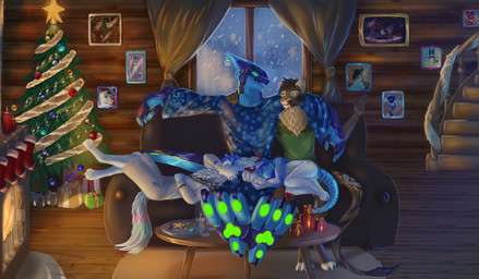 anthro cabin christmas_clothing claws clothing curtains_open decoration fireplace gift group holidays kouta_beans machine male male/male pajamas pawpads picture_frame snow snowing tail awocksi foxdaim ambient_among_us among_us christmas innersloth mythology achak-claw conner_the_sabertooth android avian bird canid canine dragon felid fox hybrid mammal mythological_creature mythological_scalie penguin prehistoric_species robot saber-toothed_tiger scalie synth_(vader-san) absurd_res hi_res huge_filesize