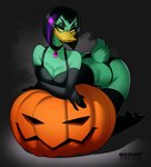 5_fingers anthro armwear bra breasts choker cleavage clothed clothing elbow_gloves eyebrows eyelashes female fingers food fruit gloves hair handwear jack-o'-lantern jewelry legwear lingerie looking_at_viewer necklace non-mammal_breasts plant pumpkin short_hair solo stockings underwear v_bangs yellow_eyes aomori disney ducktales ducktales_(2017) magica_de_spell anatid anseriform avian bird duck 2020 digital_media_(artwork)