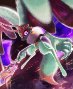ambiguous_gender antares_(kirby_and_the_forgotten_land) anthro antlers biped chest_tuft colored_nails countershade_torso countershading detailed_background digitigrade dipstick_tail dutch_angle fingernails fluffy fluffy_tail fur head_wings holding_melee_weapon holding_object holding_polearm holding_spear holding_weapon horn huge_wings looking_at_viewer markings melee_weapon mouthless multicolored_body multicolored_eyes multicolored_fur nails neck_tuft orange_body orange_fur outside pink_eyes polearm portal pupils purple_fingernails purple_nails purple_sclera solo spear tail tail_markings tan_body tan_fur teal_body teal_eyes teal_fur tuft unusual_wing_placement weapon wings zakobennki kirby_(series) kirby_and_the_forgotten_land nintendo fecto_elfilis alien chinchillid mammal rodent starling_(kirby) 2026 detailed digital_media_(artwork) digital_painting_(artwork) hi_res painting_(artwork)