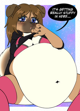 anthro belly big_belly blue_eyes blush bra breast_squish breasts brown_hair clothed clothing clothing_lift dialogue female fingers fur hair hoodie huge_belly legwear looking_at_viewer navel open_mouth overweight shirt shirt_lift simple_background solo speech_bubble spread_legs spreading squish tail text thick_thighs thigh_highs thigh_squish tongue topwear underwear weight_gain pompuffy_(artist) twist_(torqueempup) canid canine canis domestic_dog mammal 2026 absurd_res colored digital_drawing_(artwork) digital_media_(artwork) english_text hi_res