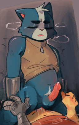 anal anal_penetration anthro armor biped blue_body blue_fur bodily_fluids cum cum_on_penis duo erection eyes_closed fur genital_fluids genitals humanoid_genitalia humanoid_penis male penetration penile penile_penetration penis penis_in_ass penis_sitting pink_penis slim_anthro slim_male solo_focus white_body white_fur yellow_body yellow_fur viat_on domestic_cat felid feline felis mammal 2025 character_request hi_res