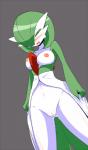 2017 blush bodily_fluids breasts censored eyes_closed female gardevoir generation_3_pokemon genital_fluids genitals green_hair grey_background hair mosaic_censorship nei_chi nintendo nipples not_furry open_mouth pokemon pokemon_(species) pussy simple_background solo standing vaginal_fluids white_body