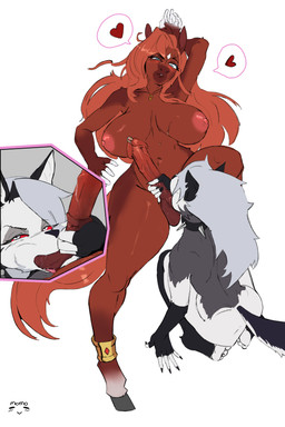 anthro areola balls big_breasts breasts brown_balls brown_breasts brown_penis duo female genitals gynomorph gynomorph/female heart_symbol intersex intersex/female lying nipples open_mouth penis pink_areola pink_nipples sucking momosoap hellaverse helluva_boss loona_(helluva_boss) rainstorm_(marefurryfan) canid canine canis equid equine mammal wolf 2:3 absurd_res hi_res