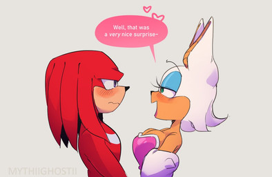 anthro blue_eyeshadow blush bodysuit breasts clothing dialogue eyeshadow female fur gloves handwear heart_symbol makeup male red_body red_fur skinsuit text tight_clothing white_body white_fur mythiilewdii sega sonic_the_hedgehog_(series) knuckles_the_echidna rouge_the_bat bat echidna mammal monotreme english_text
