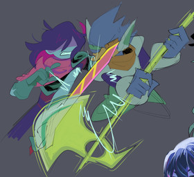 anthro armor beak blue_body blue_hair duo grey_background hair halberd male melee_weapon polearm simple_background sword weapon notnaruse deltarune undertale_(series) berdly kris_dreemurr avian human mammal 2022