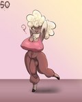 anthro barefoot big_breasts big_bulge biped black_hooves bottomwear breasts brown_bottomwear brown_clothing brown_pants bulge cleavage clothed clothed_anthro clothed_gynomorph clothing detailed_bulge eyelashes feet fur grey_body grey_fur gynomorph gynomorph_anthro hands_behind_head hooves horizontal_pupils huge_breasts huge_bulge intersex intersex_anthro logo multicolored_body multicolored_fur nipple_outline on_one_leg one_eye_closed pants pink_clothing pink_shirt pink_tank_top pink_topwear pupils question_mark raised_arms shirt simple_background solo standing stretching tank_top topwear two_tone_body two_tone_fur unguligrade white_body white_fur wool_(fur) yellow_eyes souley69 marie_(souley) bovid caprine domestic_sheep mammal sheep 2025 4:5 artist_logo hi_res