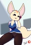 anthro cellphone clothed clothing electronics female legwear looking_at_viewer open_mouth open_smile panties pantyhose phone sitting smartphone smile solo underwear upskirt fantharubi aggretsuko sanrio fenneko canid canine fennec_fox fox mammal true_fox hi_res