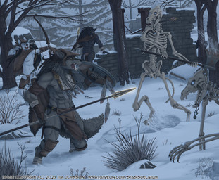 anthro armor bone bottomwear bow_(weapon) breasts clothed clothing female glowing group loincloth male melee_weapon navel polearm ranged_weapon shield skeleton snow spear text weapon stasis_delirium canid canine canis mammal undead wolf hi_res url
