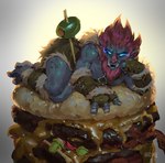 beard burger facial_hair food fruit glowing glowing_eyes male olive_(fruit) plant pose solo hozure league_of_legends riot_games tencent trundle humanoid troll_(mythology) hi_res