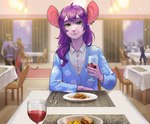 alcohol anthro beverage big_ears buckteeth clothed clothing container cup date_pov drinking_glass ear_piercing ear_ring femboy food fully_clothed furniture glass glass_container glass_cup green_eyes hair looking_at_viewer male piercing plate public purple_hair restaurant ring_piercing shirt solo table teeth topwear whiskers wine wine_glass carduelis mammal mouse murid murine rodent hi_res