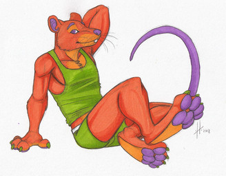 anthro athletic athletic_anthro athletic_male bottomwear chest_tuft claws clothed clothing feet foot_focus fur green_bottomwear green_claws green_clothing green_topwear looking_at_viewer male male_anthro mouth_closed orange_body orange_fur pawpads purple_eyes purple_inner_ear purple_pawpads purple_tail red_body red_fur simple_background sitting solo tail teeth topwear tuft whiskers white_background hufnaar mammal murid murine rat rodent colored_sketch hi_res sketch
