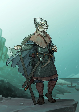 5_fingers anthro armor axe belt biped blue_clothing bottomwear cape chainmail cheek_tuft claws cloak clothed clothing countershading detailed_background facial_tuft female female_anthro fingers footwear fully_clothed fur furgonomics greataxe hand_on_weapon headgear helmet light medieval melee_weapon norse outside painted_background pants plantigrade pose raining red_clothing round_shield ship shoes shoreline solo standing sword tan_body tan_fur three-quarter_view tuft vehicle water watercraft weapon whisker_spots white_body white_countershading white_fur danogambler eurasian_lynx felid feline lynx mammal 2026 dated digital_drawing_(artwork) digital_media_(artwork) full-length_portrait lighting portrait shaded signature teal_theme