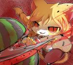 action_pose ambiguous_gender anthro clothed clothing cutting food foreshortening fruit high-angle_view melee_weapon melon open_mouth open_smile outline plant pose pupils red_eyes slicing slit_pupils smile snaggle_tooth solo speed_lines suikawari sword watermelon weapon white_outline azuma_minatsu cat_busters wraith_(cat_busters) domestic_cat felid feline felis mammal 2017