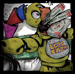 anthro bib bib_only box clothing container eating eating_food female food hat hat_stacking headgear headwear machine party_hat pink_eyes pizza pizza_box solo yh2ug4 five_nights_at_freddy's five_nights_at_freddy's_2 scottgames withered_chica_(fnaf) animatronic avian bird chicken galliform phasianid robot robot_anthro 2025 digital_media_(artwork) sketch