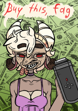 anthro clothing ears_down female hair lips looking_at_viewer pivoted_ears sex_toy simple_background slur smile solo standing teeth toony toony_expression toony_eyes eyescutout xingzuo_temple qingjiu_(diives) bovid caprine goat mammal hi_res