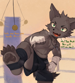 4_toes anthro bandage bandaged_arm bandaged_hand biped black_pawpads bodily_fluids bottomwear breath bulge clock clothed clothing dialogue feet footwear green_eyes hypnosis jewelry kemono male male_anthro mind_control necklace on_one_leg one_leg_up open_mouth panting pawpads raised_leg shorts shota socks solo standing stirrup_socks sweat tail text three-quarter_view toeless_footwear toes topless young young_anthro young_male dane36 canid canine canis domestic_dog mammal absurd_res english_text hi_res signature