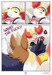 :< absurd_res ace_the_stoutland_(special_services) anthro black_speech_bubble blush bottomwear braixen canid canine clothed clothing comic crotch_sniffing cute_fangs dark_text dialogue dress duo ellie_the_braixen ellipsis embarrassed english_text exclamation_point eyes_closed feral fur generation_5_pokemon generation_6_pokemon girly heart_after_signature heart_before_signature heart_in_signature heart_symbol hi_res inner_ear_fluff legwear maid_headdress maid_uniform male mammal nikkibunn nintendo number open_mouth page_number panties panties_bulge pattern_bottomwear pattern_clothing pattern_panties pattern_underwear pawpads paws penis_in_panties pokemon pokemon_(species) polygonal_speech_bubble profanity purple_text signature simple_background sniffing speech_bubble stoutland striped_bottomwear striped_clothing striped_panties striped_underwear stripes surprise text text_with_heart tuft underwear uniform upskirt yellow_text