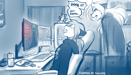 annoyed anthro beverage_can chair chips_(food) clothed clothing computer death dialogue electronics empty_eyes female female_death food furniture game_over gameplay_mechanics hoodie humor inside monitor open_mouth plushie sitting solo text topwear conditional_dnp tom_fischbach dust:_an_elysian_tail twokinds fidget_(elysian_tail) laura_(twokinds) canid canine fox ghost keidran mammal red_fox spirit true_fox 2023 7:4 adobe_photoshop_(artwork) digital_media_(artwork) english_text hi_res monochrome sketch spot_color