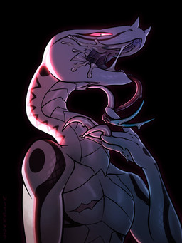anthro black_background bodily_fluids chest_scar cum cum_in_mouth cum_inside cum_on_hand cum_on_tongue female fingers flat_chested genital_fluids long_nails long_neck long_tongue looking_at_viewer messy pleased_expression red_eyes scales scar simple_background solo tongue white_body white_scales mitery22 yussa_(mitery22) african_viper gaboon_viper reptile scalie snake viper 2025 digital_media_(artwork) hi_res