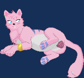 animal_genitalia animal_vulva belly bloated blue_eyes blue_pawpads blue_stripes blush breathing canine_genitalia canine_vulva chest_fur ear_piercing ear_stud female feral fur genitals leg_cuff lying on_side pawpads piercing pink_body pink_fur snaggle_tooth stripes tail tail_mouth unusual_anatomy unusual_tail vore white_belly vorochi animated digital_media_(artwork) low_res pixel_(artwork)