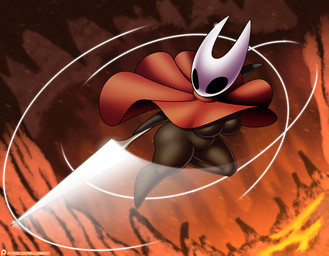 anthro big_breasts black_body black_eyes breasts cloak cloak_only clothing empty_eyes featureless_breasts featureless_crotch featureless_feet featureless_hands feet female holding_object holding_weapon red_cloak red_clothing solo text thick_thighs weapon white_body omegasunburst hollow_knight_(franchise) team_cherry hornet_(hollow_knight) arthropod insect hi_res url