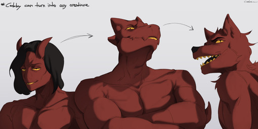 anthro black_hair crossed_arms front_view hair horn male male_anthro male_humanoid narrowed_eyes no_sclera nude open_mouth pecs pupils red_body red_horn simple_background slit_pupils solo teeth white_background yellow_eyes yellow_teeth cobu mythology cobby_(cobe_xiu-xiu) canid canine dragon humanoid mammal mythological_creature mythological_scalie scalie