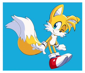 2_tails 5_fingers anthro bangs blue_eyes cheek_tuft clothing facial_tuft fingers footwear glistening glistening_body gloves handwear male multi_tail one_eye_closed pointy_ears shoes simple_background solo standing tail tuft wearing_gloves mysteriouskaos_(artist) sega sonic_the_hedgehog_(series) miles_prower canid canine fox mammal