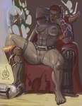 abs armor axe barefoot belt big_breasts bored breasts casual_nudity chair clothing curtains ear_piercing feet female furniture genitals gloves grey_body grey_skin hair hand_behind_head hand_on_chin handwear headgear helmet highlights_(coloring) humanoid_pointy_ears legband melee_weapon mostly_nude muscular muscular_female muscular_thighs nipples not_furry piercing pointy_ears pose pubes pussy red_chair red_hair relaxing sitting solo spread_legs spreading thick_thighs throne under_shade weapon yellow_eyes gotalex blizzard_entertainment warcraft humanoid mag'har_orc orc 2018 colored_sketch pinup shaded signature sketch