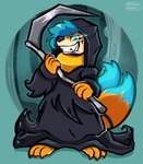 cloak clothing costume digitigrade evil_grin glowing holidays male melee_weapon ominous polearm scythe smile transformation weapon conditional_dnp pocketpaws halloween nintendo pokemon death_(personification) grim_reaper kai_(xxkaixx) buizel generation_4_pokemon pokemon_(species) hi_res