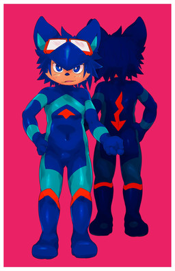 4_fingers anthro blue_bodysuit blue_clothing blue_ears blue_eyes blue_hair blue_inner_ear blue_skinsuit blush blush_lines bodily_fluids bodysuit border clothing directional_arrow eyewear eyewear_on_head featureless_feet feet fingers fur gesture goggles goggles_on_head hair hand_gesture hand_on_hip hand_out headgear headwear latex latex_bodysuit latex_clothing latex_skinsuit looking_at_viewer male messy_hair navel open_mouth pink_background pointing pointing_down pose rear_view simple_background skinsuit solo spandex spandex_suit standing suggestive_topwear superhero_costume sweat sweatdrop tan_body tan_fur tight_clothing white_border young young_anthro young_male jinnosound cyan_02 canid canine canis mammal wolf full-length_portrait hi_res portrait