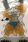 anthro big_muscles bulge clothed clothing exercise huge_muscles hyper hyper_muscles looking_at_viewer male muscular muscular_anthro muscular_male solo standing tight_clothing torn_clothing weightlifting workout eda canid canine mammal hi_res