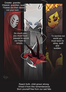 2_horns 6_eyes biped black_eyes blue_eyes cloak clothed clothing ellipsis empty_eyes female group holding_melee_weapon holding_object holding_weapon hood horn mask melee_weapon multi_eye neck_tuft plant red_cloak red_clothing text text_box thread tuft weapon white_body white_text yellow_body ssleepyflowers hollow_knight:_silksong hollow_knight_(franchise) team_cherry herrah_(hollow_knight) hornet_(hollow_knight) queen_vespa_(hollow_knight) white_lady_(hollow_knight) arachnid arthropod bee elemental_creature flora_fauna humanoid hymenopteran insect spider 2025 absurd_res english_text hi_res signature female_(lore)
