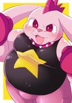 anthro belly blush boxing_gloves bulge clothing collar fur hair handwear male mohawk overweight overweight_male pink_body pink_eyes pink_fur pink_hair shirt solo spiked_collar spikes tank_top topwear keriage bemani konami pop'n_music chocky_(pop'n_music) lagomorph leporid mammal rabbit hi_res