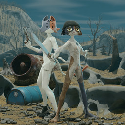 anthro beanie breasts clothed clothing duo female fur genitals hair hat headgear headwear looking_at_viewer machete melee_weapon multicolored_body nipples nude nude_female open_mouth piercing smile tail weapon white_body white_fur kigerlynn dr._drigg_(modeler) malakisuglypotato_(modeler) epic_games fortnite cate_meowdy meow_skulls calico_cat domestic_cat felid feline felis mammal 1:1 2026 3d_(artwork) absurd_res digital_media_(artwork) hi_res