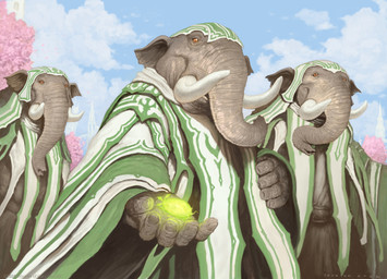 5_fingers anthro building clothing cloud day fingers green_clothing grey_body group holding_object looking_down male outside plant proboscis_(anatomy) tower tree trunk_(anatomy) tusks john_tedrick hasbro magic:_the_gathering wizards_of_the_coast elephant elephantid loxodon mammal proboscidean absurd_res hi_res official_art