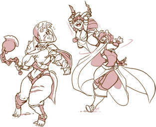 anthro armor battle breasts clothed clothing collar dagger fantasy female fingerless_gloves gloves group handwear melee_weapon open_mouth smile standing thick_thighs unconvincing_armor under_boob weapon jinti gnoll hyena lagomorph leporid mammal rabbit hi_res monochrome