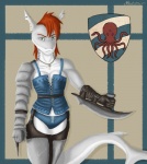 anthro armor athletic athletic_anthro athletic_female biped blade breasts chaps clothed clothing collarbone corset ear_piercing fantasy female gloves green_eyes hair handwear holding_object holding_weapon jewelry lingerie looking_at_viewer medieval navel necklace non-mammal_breasts piercing red_hair solo standing topwear weapon ace_stryker fish marine shark 2013 hi_res