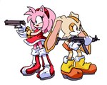 anthro duo female gun holding_object holding_weapon ranged_weapon serious_face side_by_side simple_background thin_calves thin_legs thin_thighs weapon young young_anthro randomguy999 sega sonic_the_hedgehog_(series) amy_rose cream_the_rabbit eulipotyphlan hedgehog lagomorph leporid mammal rabbit absurd_res hi_res